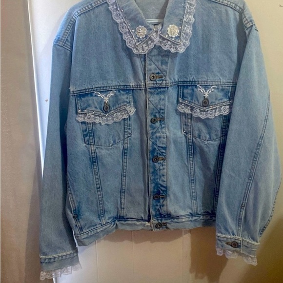 Bluenotes Jackets & Blazers - Bluenotes Embellished Lace Trim Denim Jacket | Size Large